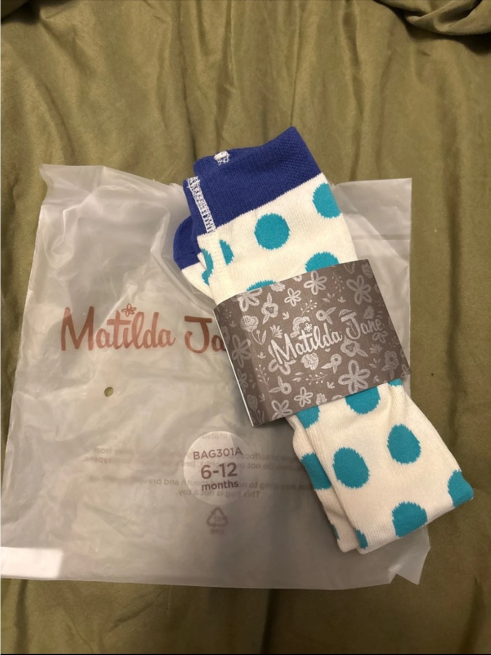 Matilda Jane White Socks with Teal Polka Dots